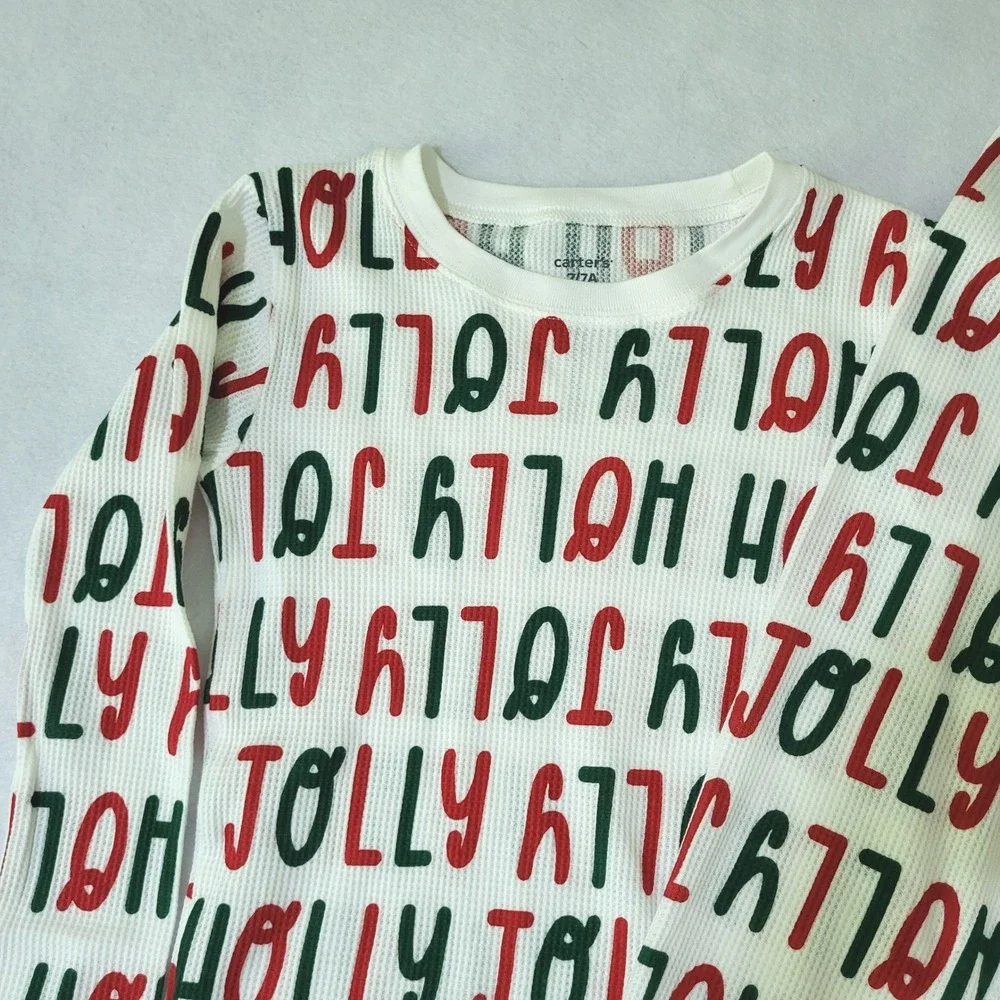 Carters Kids Holly Jolly Waffle Knit Thermal Pajama Set White Red Green Size 7